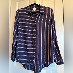 Metallic Pink Stripes on a Navy Background w Roll Up Sleeves w Button